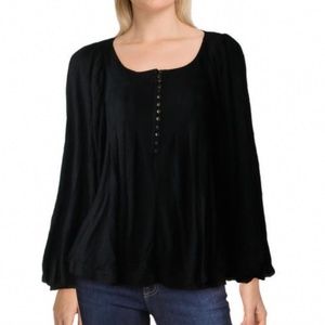 Free People Black Henley Blouson Sleeve Top
